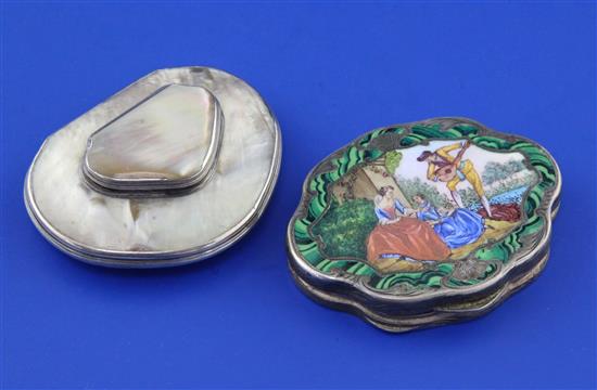 An early 20th century Swiss? 800 standard silver and polychrome enamel compact and shell snuff box.
